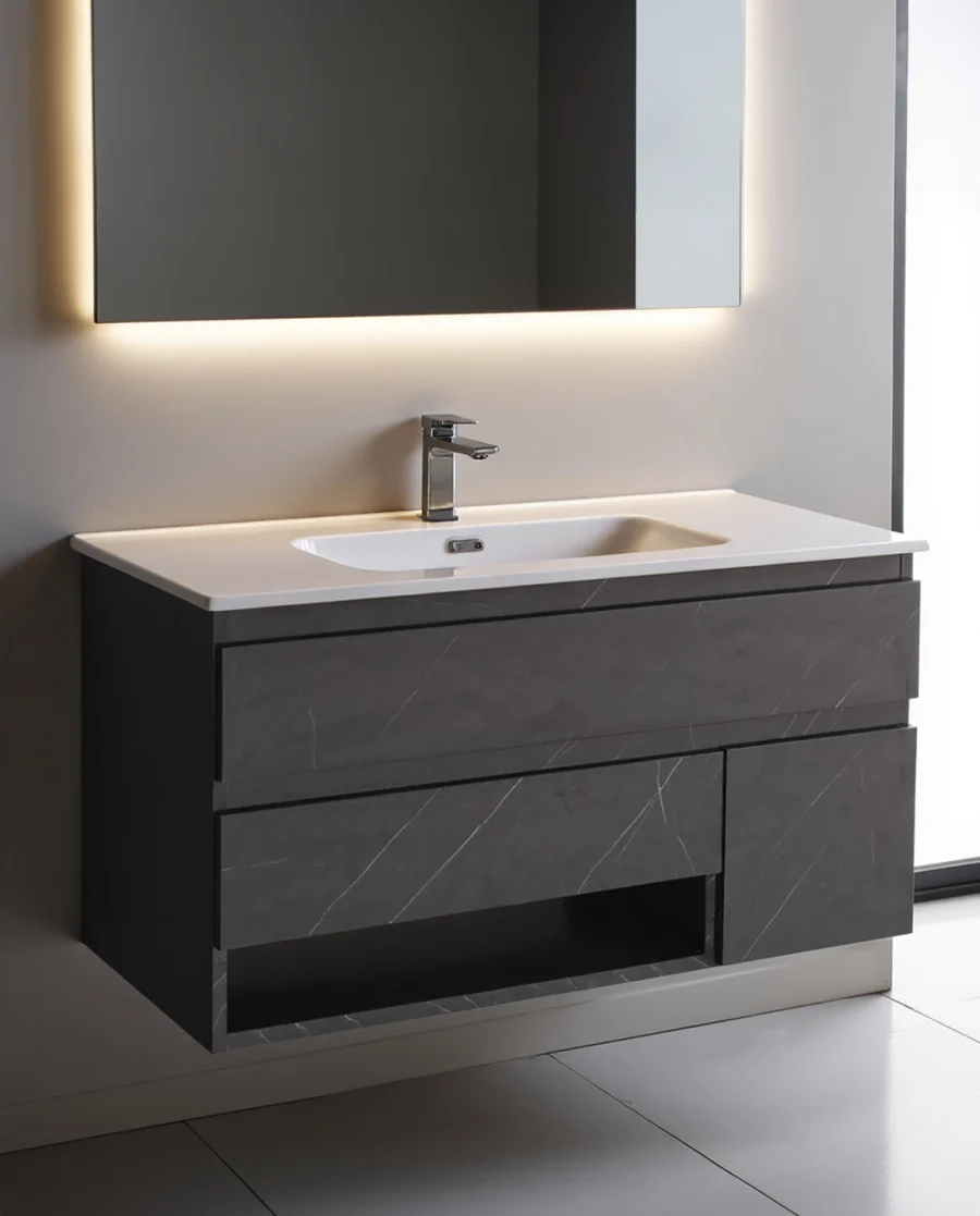 Mobile da bagno sospeso con tre cassetti e vasca in ceramica