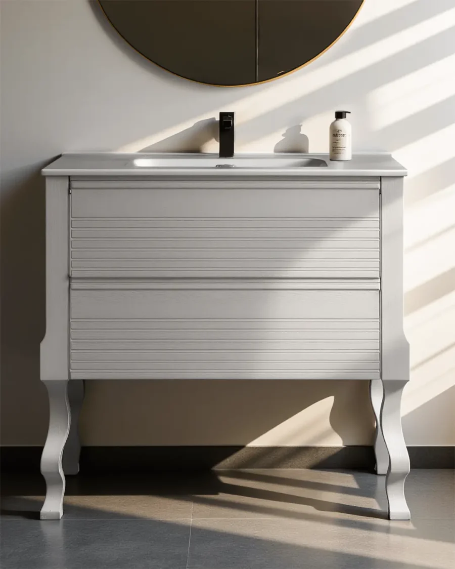 Mobile da Bagno in legno color tortora chiaro dogato con piedi torniti e due cassetti con guide ammortizzate - immagine 2