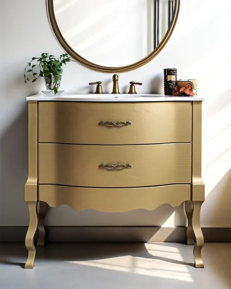 Mobile da Bagno in legno L. 90 cm dorato piedi sagomati due cassetti curvi con guide ammortizzate