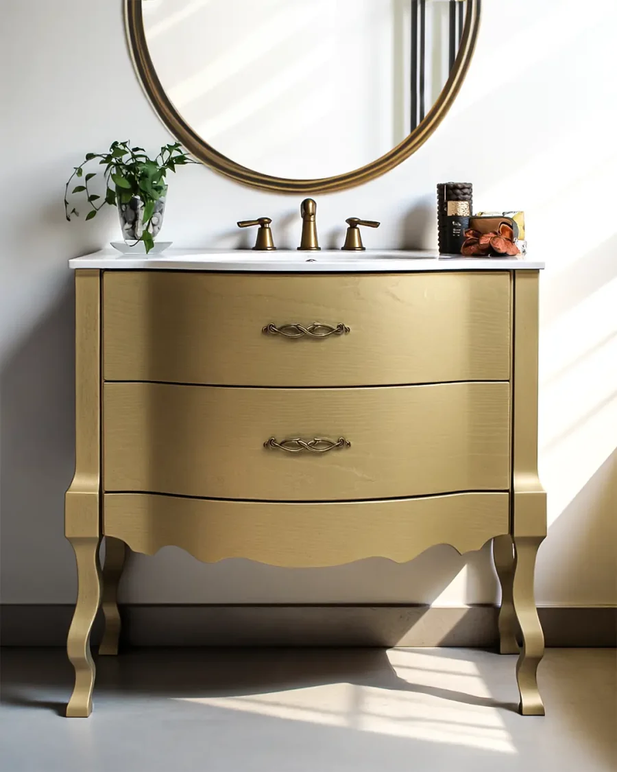 Mobile da Bagno in legno L. 90 cm dorato piedi sagomati due cassetti curvi con guide ammortizzate