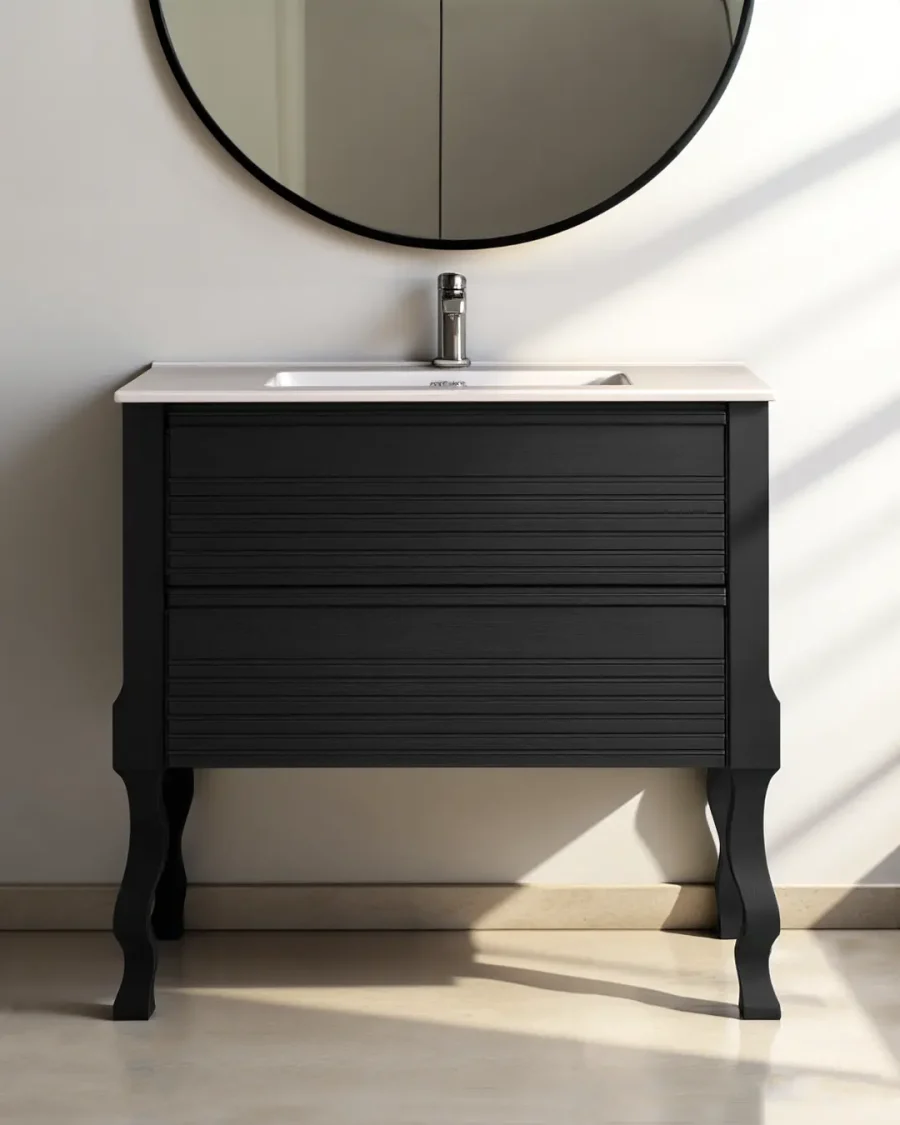 Mobile da Bagno in legno color nero dogato con piedi torniti e due cassetti con guide ammortizzate