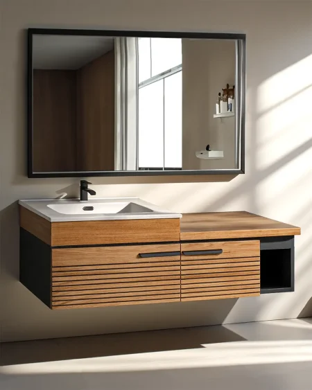 Mobile da bagno sospeso in legno con doghe, due cassetti e vasca in ceramica