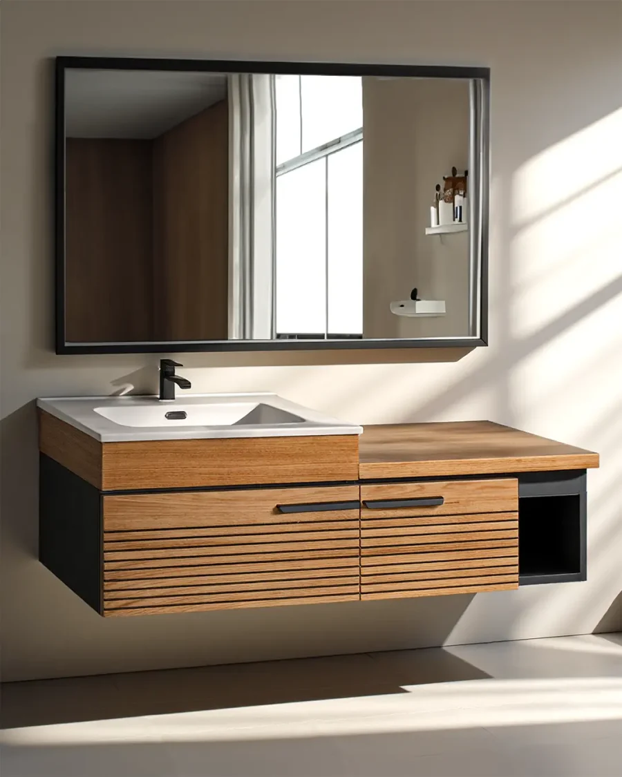 Mobile da bagno sospeso in legno con doghe, due cassetti e vasca in ceramica