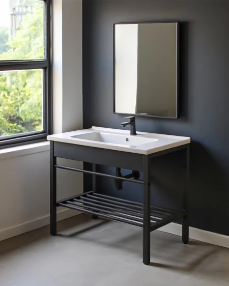 Mobile Bagno industrial moderno in metallo con lavabo ceramica + specchio e struttura in acciaio