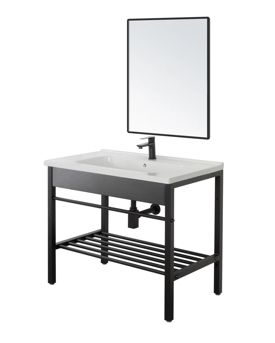 Mobile Bagno industrial moderno in metallo con lavabo ceramica + specchio e struttura in acciaio - immagine 3